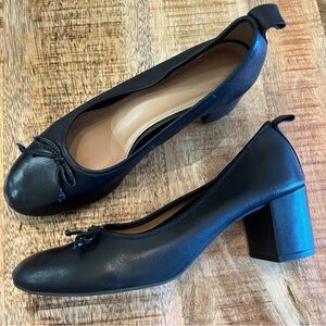 Maeve Anthropologie Black Leather Bow Block Heel Pumps Size 6.5